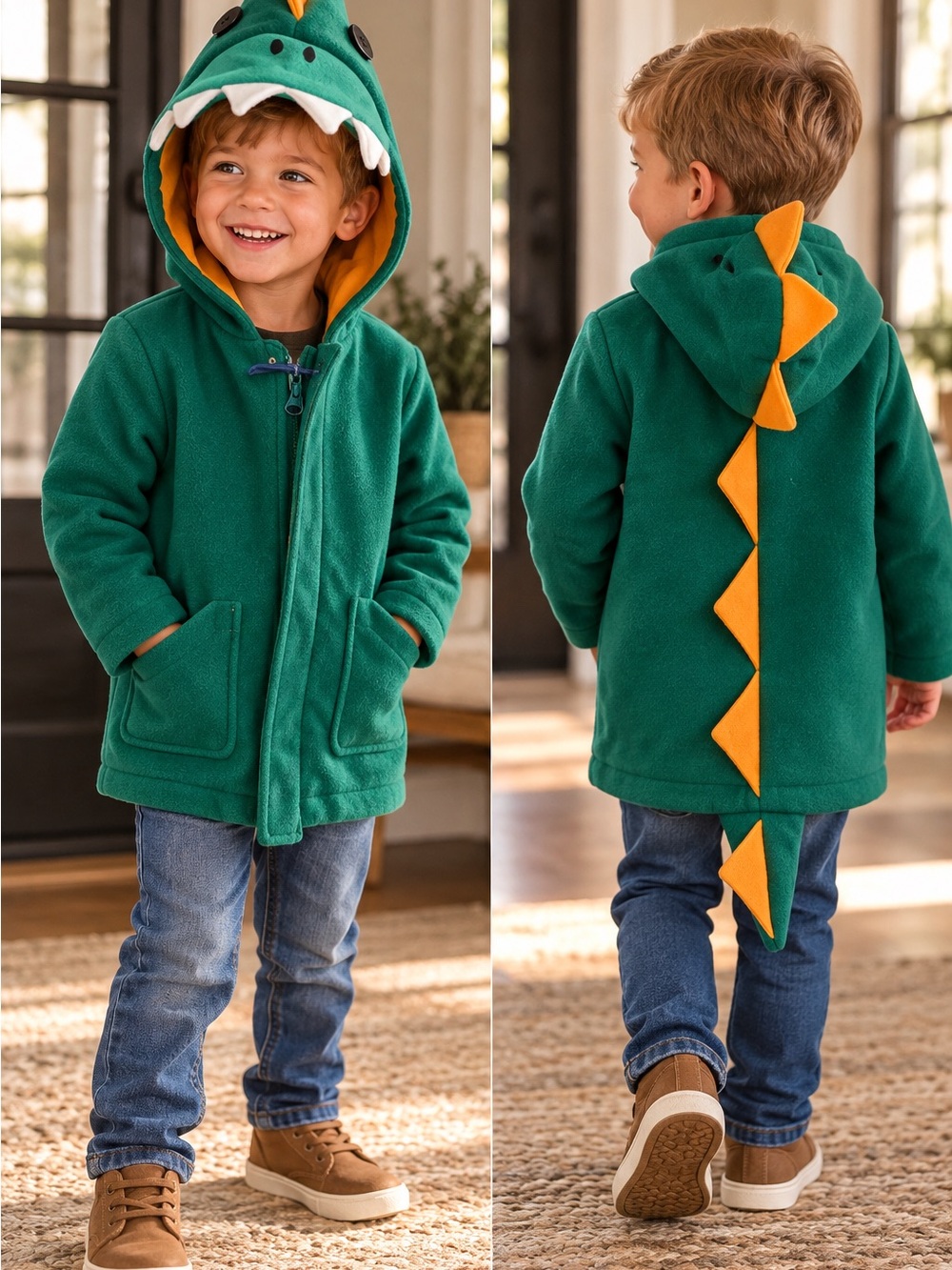 Cat & Jack Green Dino Hooded Coat with Yellow Spikes